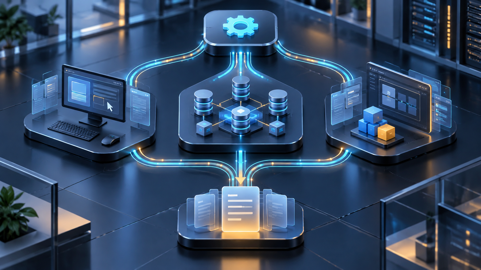 Fluxo de automação empresarial conectando interfaces, dados e aplicações personalizadas
