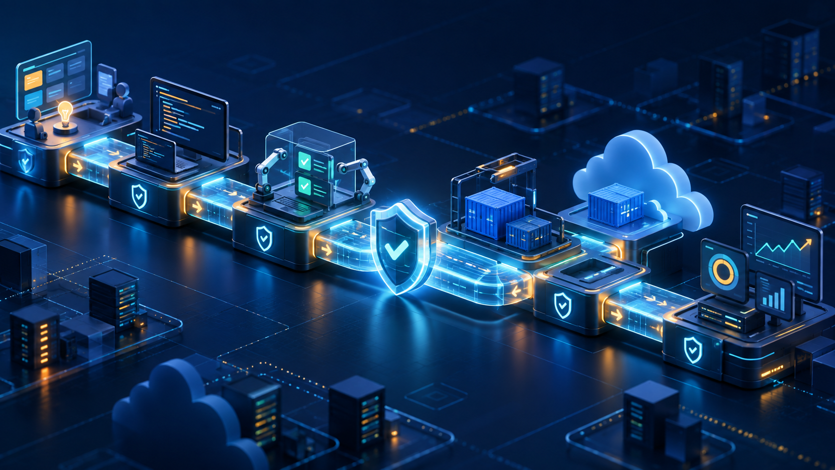 Pipeline DevSecOps conectando planejamento, desenvolvimento, testes, nuvem e monitoramento com segurança integrada